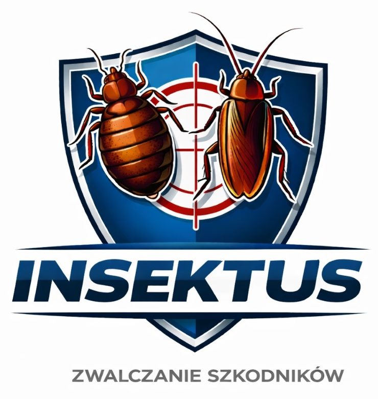 Logo firmy "INSEKTUS" identyczne jak w pliku 2.jpg, ale z dodatkowym szarym napisem pod spodem: "ZWALCZANIE SZKODNIKÓW". Na tarczy widoczne są grafiki pluskwy i karalucha w celowniku.